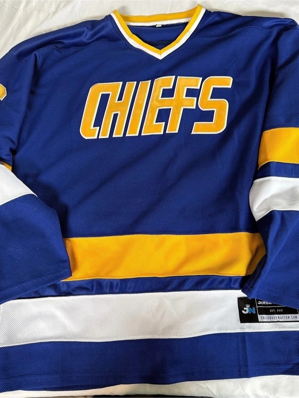 Jersey Nation Charlestown Chiefs Hanson #16 Hockey Jersey Blue & Yellow Large